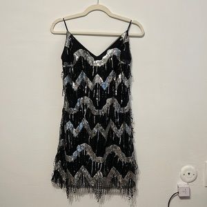 Zara Trafulac Fringe Sequin Flapper Dress | Black & Silver | Small